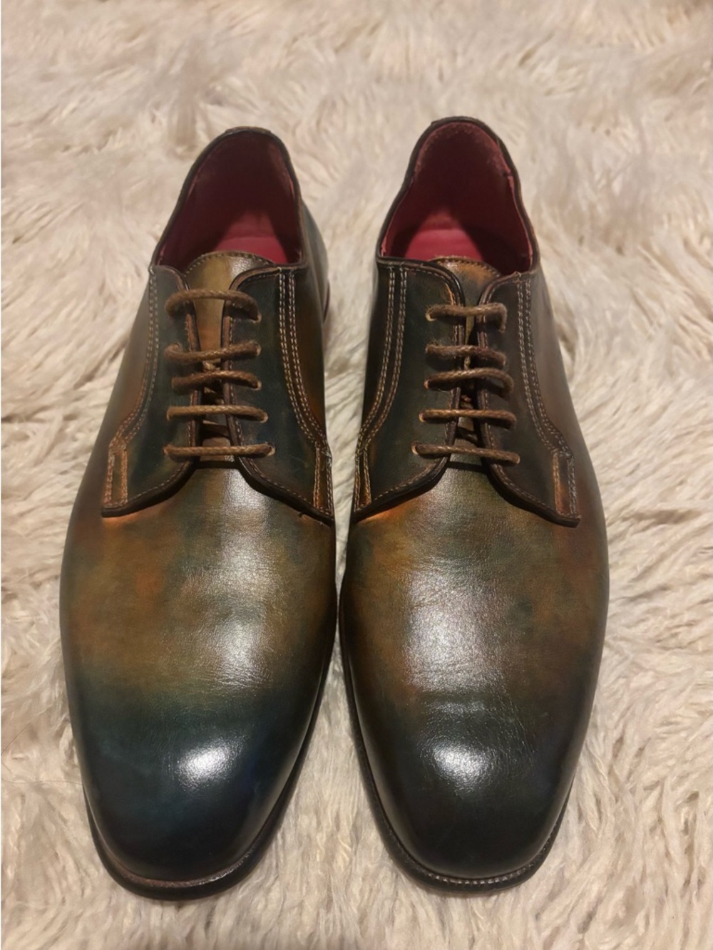 Handmade in Italy, Leonardo’s Men's Leather Oxfords Patina Green-Brown leather.